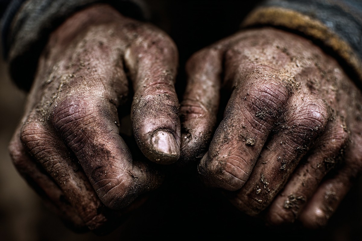 close up photograph of human hands working rough texture dirt — free black and white photo