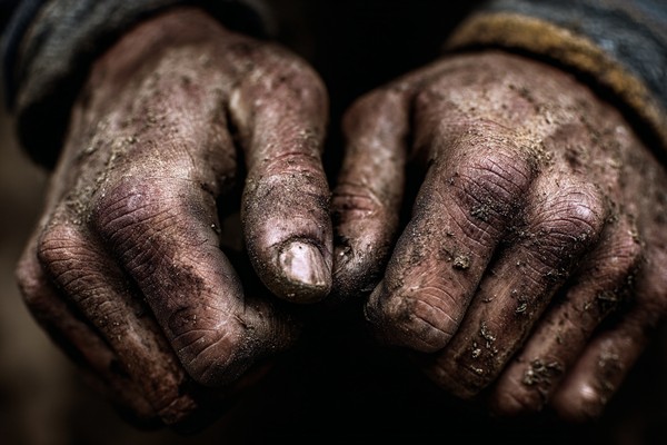 close up photograph of human hands working rough texture dirt — black and white nature photo