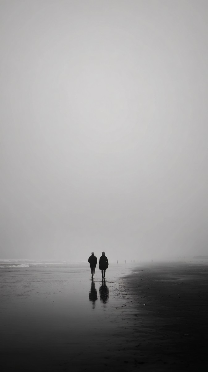 couple walking far horizon moody sea distant silhouettes ocea — free black and white photo
