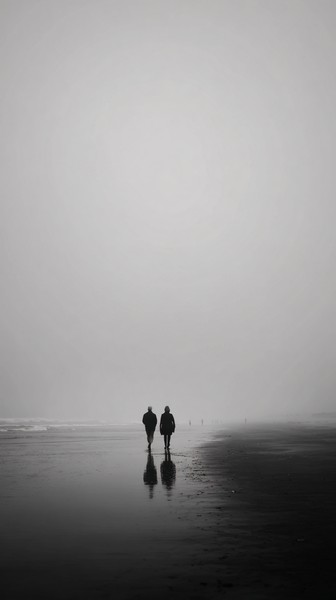 couple walking far horizon moody sea distant silhouettes ocea — black and white photo