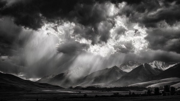 dramatic mountain range landscape storm clouds gathering rays — black and white landscape photo