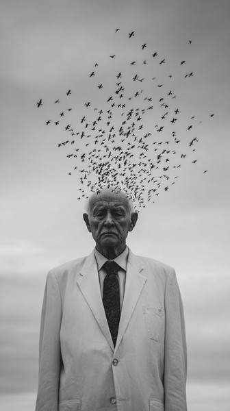 elderly man standing still as birds fly out of — black and white landscape photo