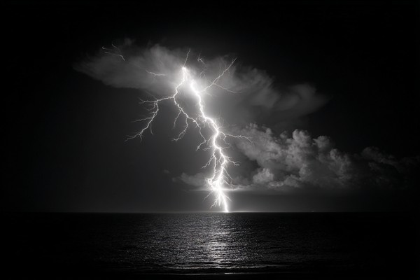 fine art photograph of a lightning bolt striking over a dark — black and white photo