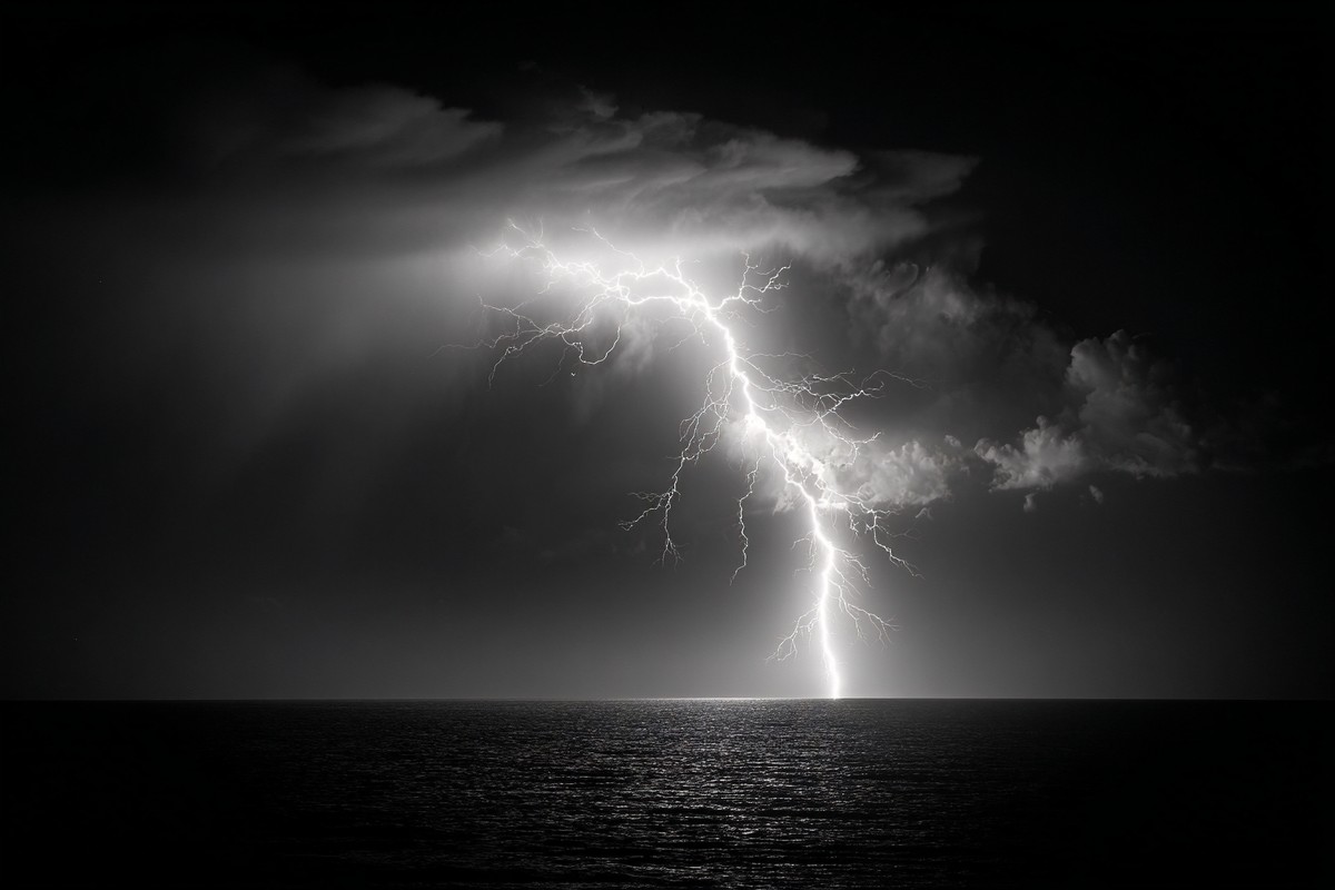 fine art photograph of a lightning bolt striking over a dark — free black and white photo