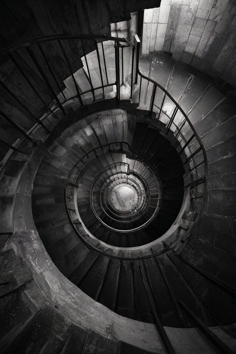 fine art photograph of a spiral staircase looking down hypnot — free black and white photo