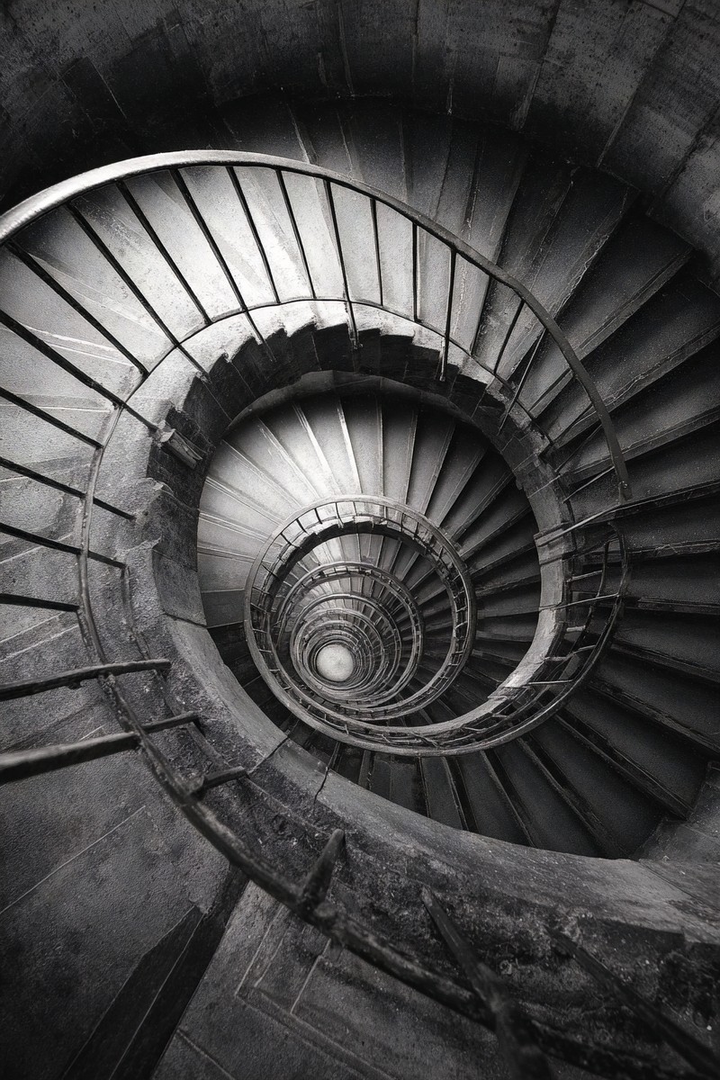 fine art photograph of a spiral staircase looking down hypnot — free black and white photo