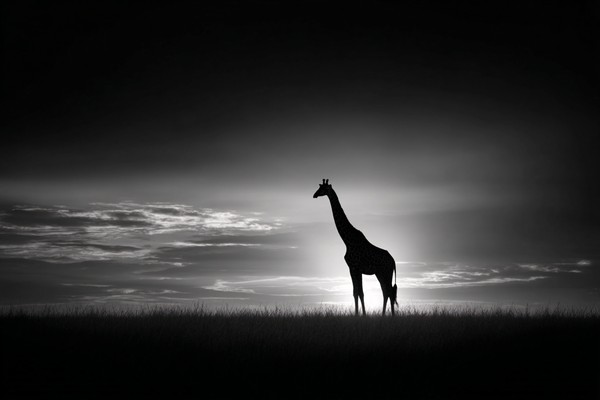 giraffe silhouette at dusk minimal horizon soft black and whi