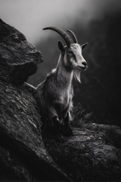 goat on rocky cliff mountain wind timeless black and white