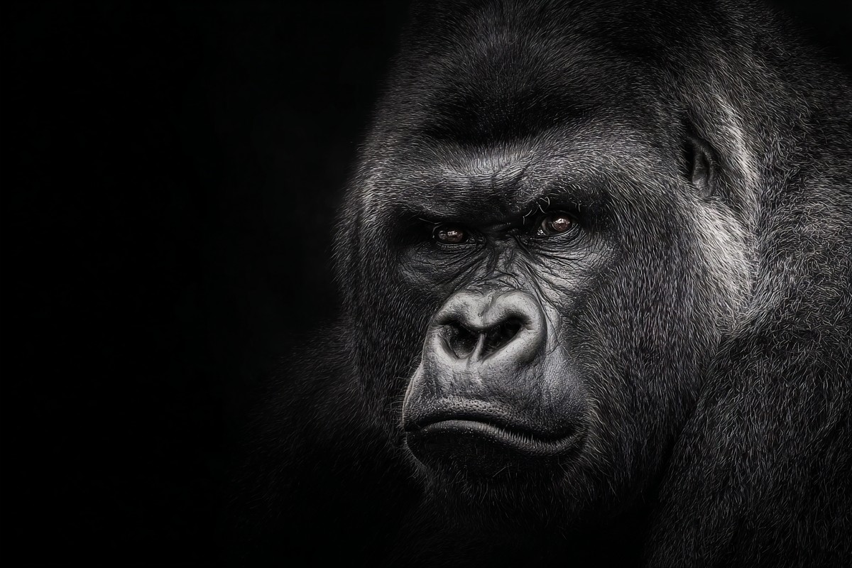gorilla portrait with intense gaze fine art black and white s — free black and white photo