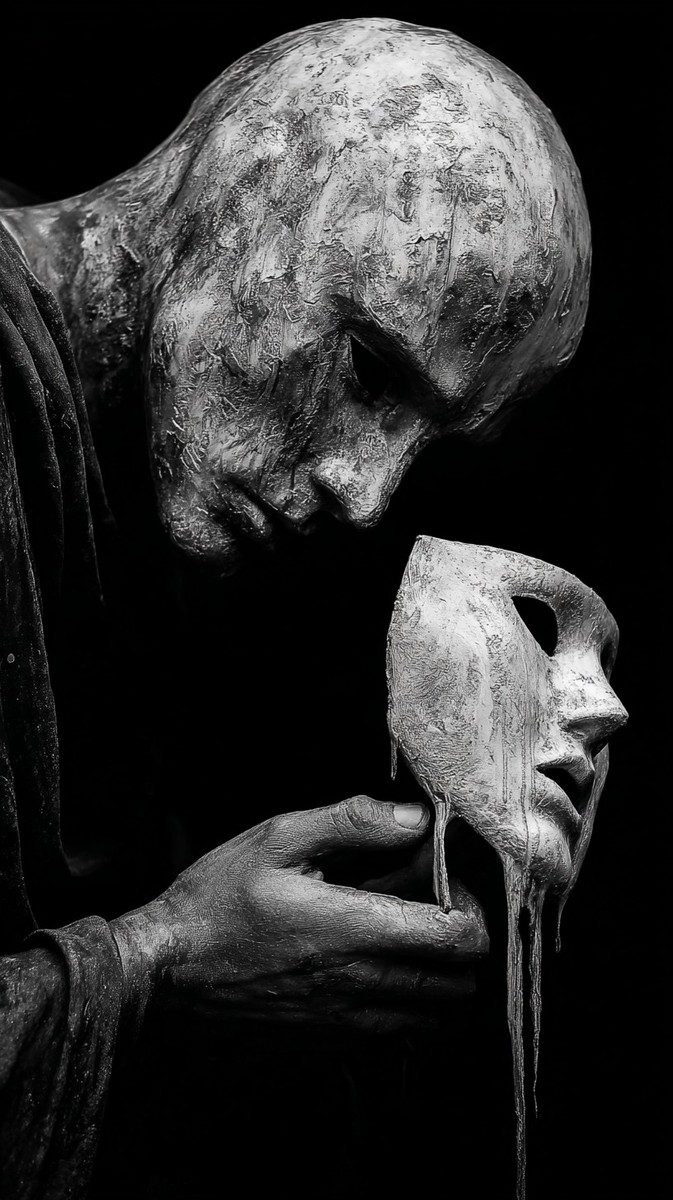 grieving figure holding melting mask raw — free black and white photo