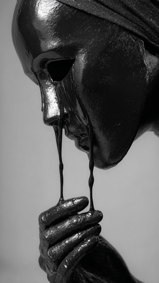 grieving figure holding melting mask raw — free black and white photo