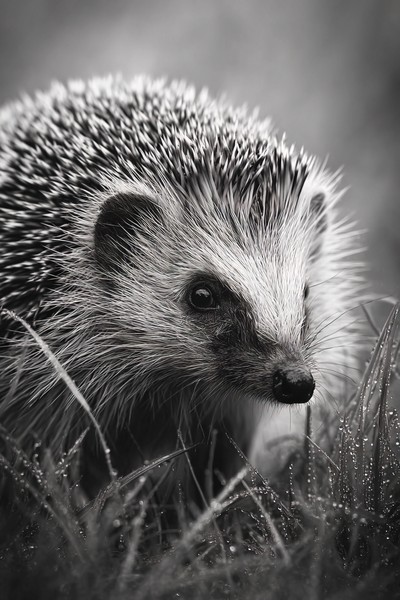 hedgehog macro in grass dew high detail soft black and white