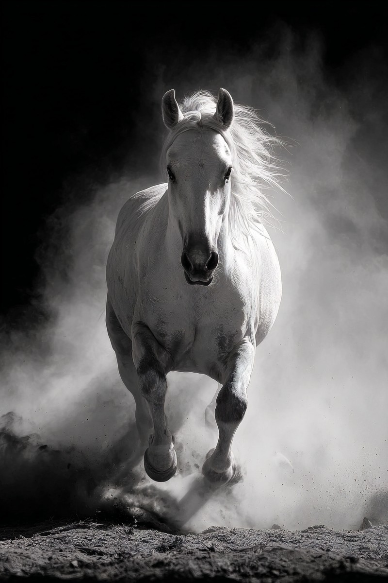 horse galloping through dust motion blur dramatic black and w — free black and white photo