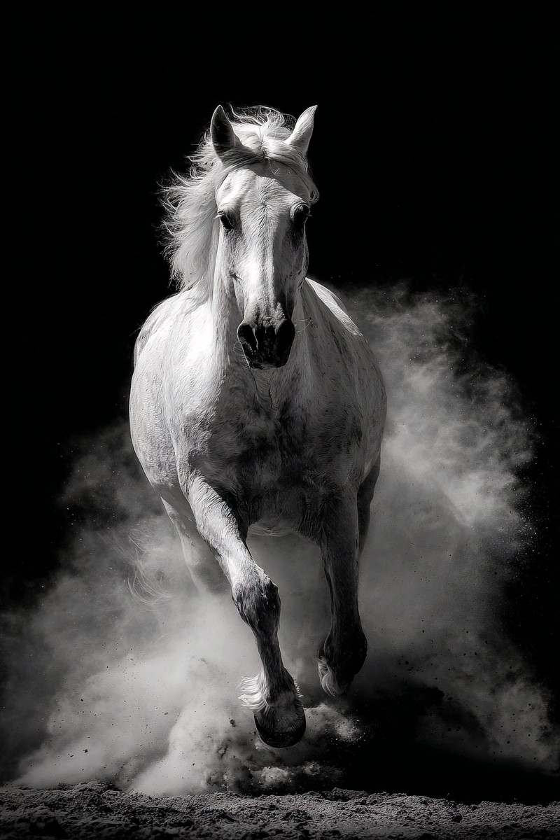 horse galloping through dust motion blur dramatic black and w — free black and white photo