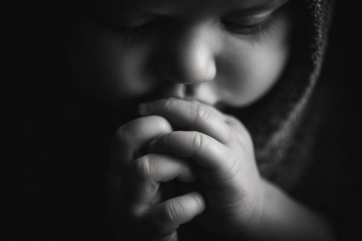 infant black and white picture extreme close up of baby hands — free black and white photo