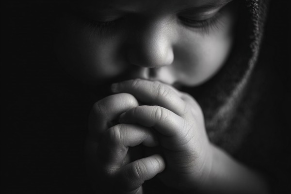 infant black and white picture extreme close up of baby hands — black and white photo
