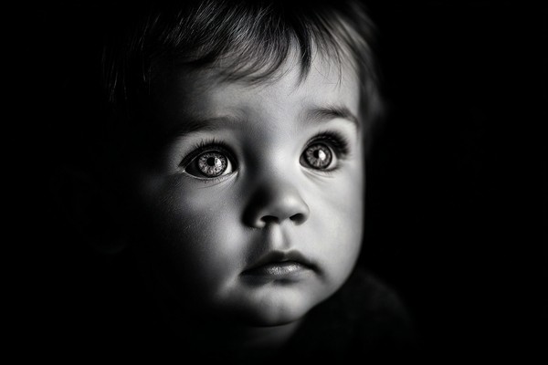 infant black and white picture low key studio lighting dramat — black and white photo