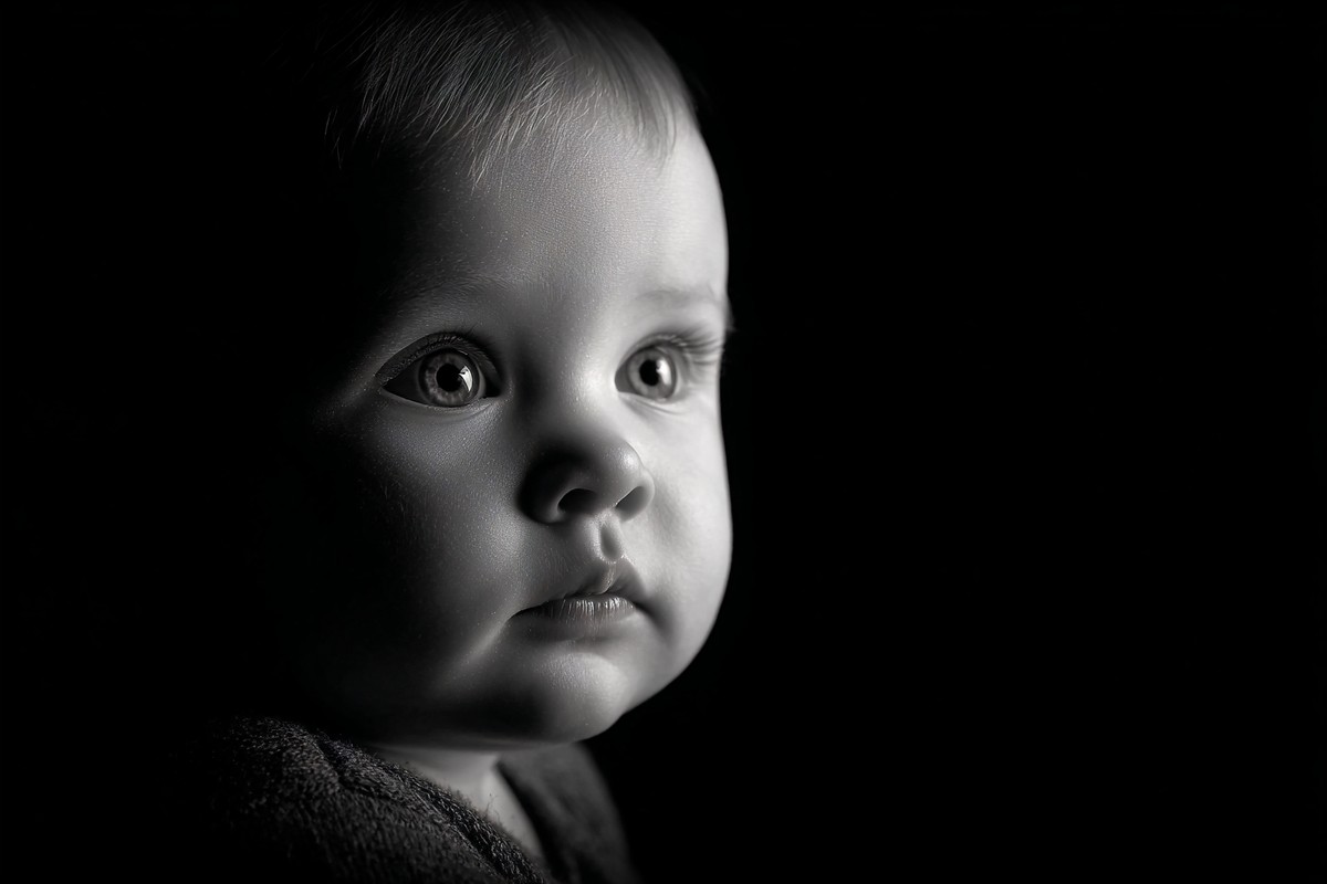 infant black and white picture low key studio lighting dramat — free black and white photo
