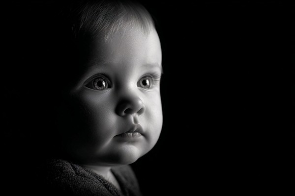 infant black and white picture low key studio lighting dramat — black and white photo