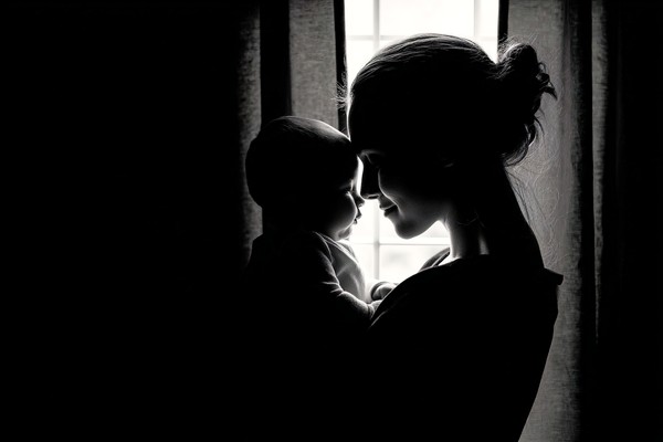 infant black and white picture mother holding baby near windo — black and white photo