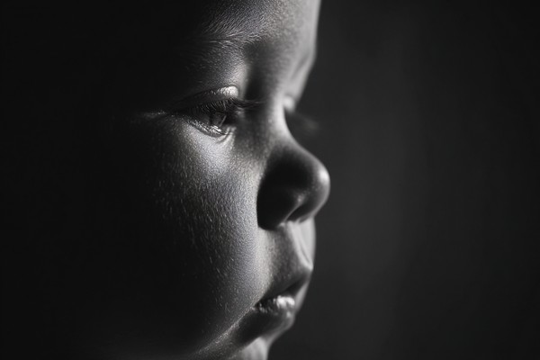 infant black and white picture soft window light from the sid — black and white photo