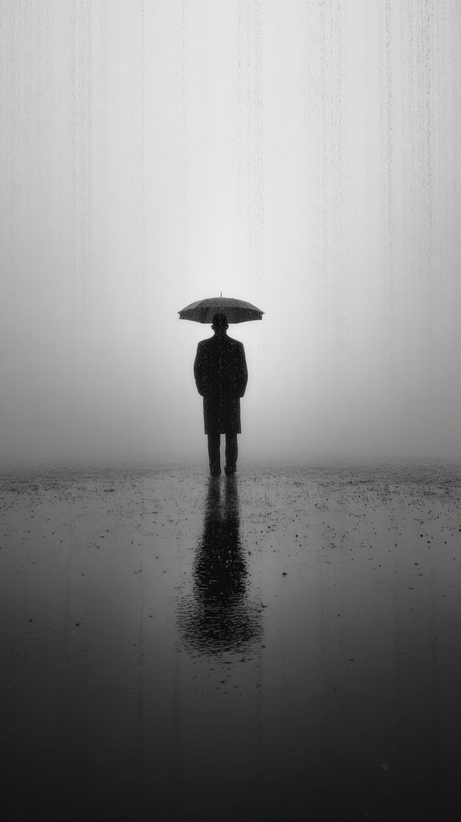 man standing in rain with invisible face poetic — free black and white photo