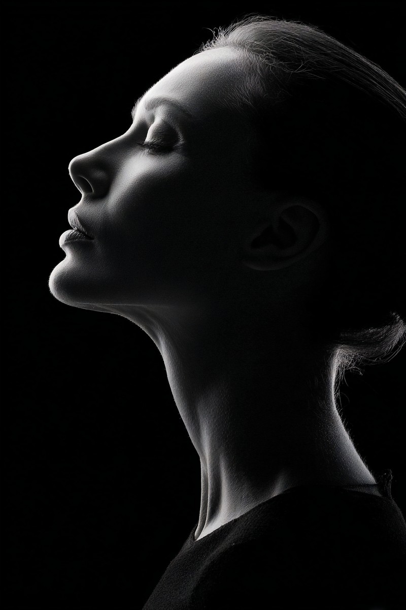 minimalist profile portrait of a woman strong jawline hair pu — free black and white photo