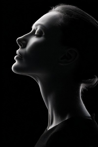 minimalist profile portrait of a woman strong jawline hair pu — black and white photo
