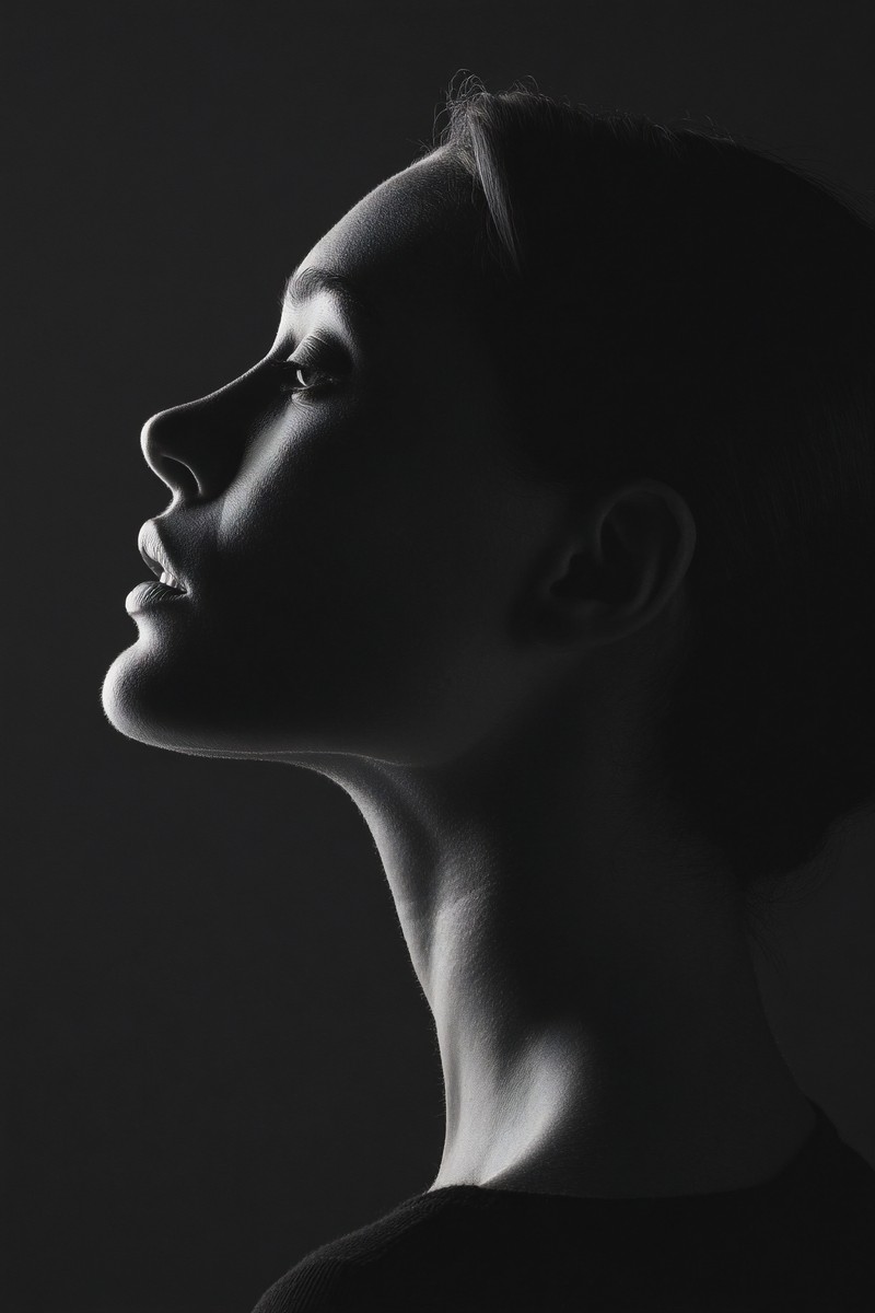 minimalist profile portrait of a woman strong jawline hair pu — free black and white photo
