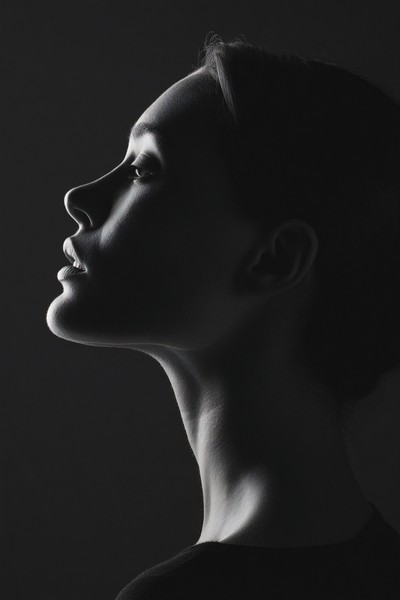minimalist profile portrait of a woman strong jawline hair pu — black and white photo