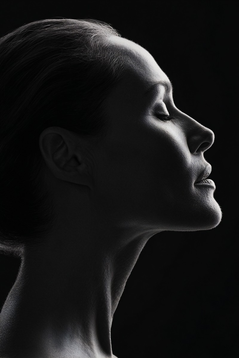 minimalist profile portrait of a woman strong jawline hair pu — free black and white photo