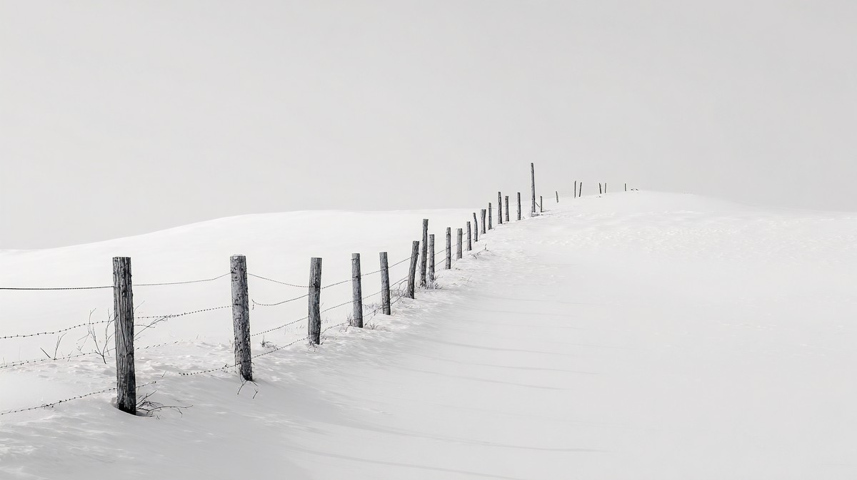 minimalist winter landscape a lone fence line buried in deep — free black and white photo