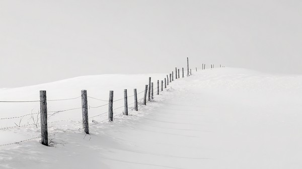 minimalist winter landscape a lone fence line buried in deep — black and white photo
