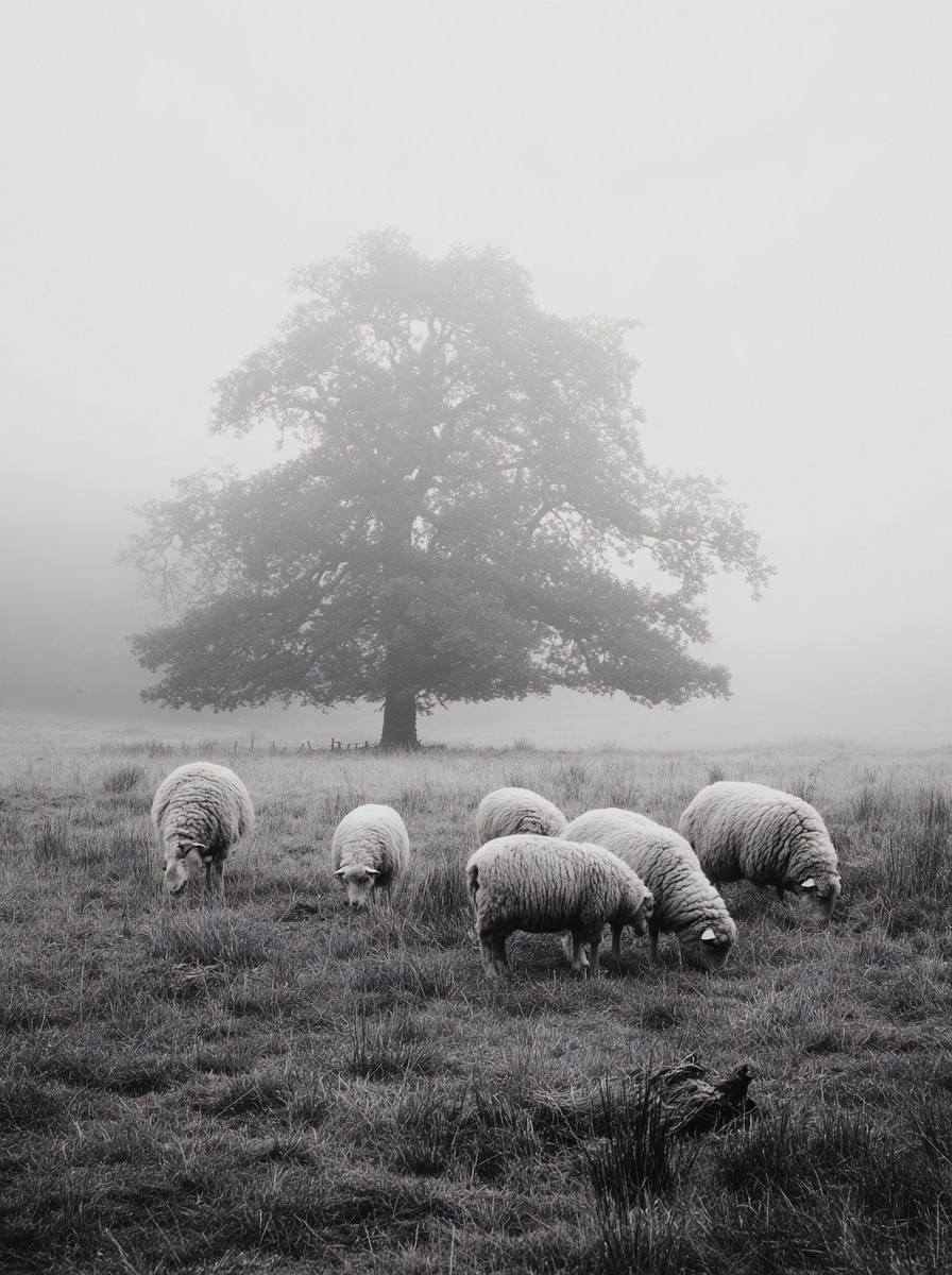 a misty field with sheep grazing under the tree captured in b — free black and white photo