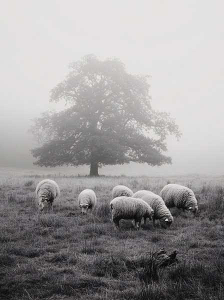 a misty field with sheep grazing under the tree captured in b — black and white landscape photo