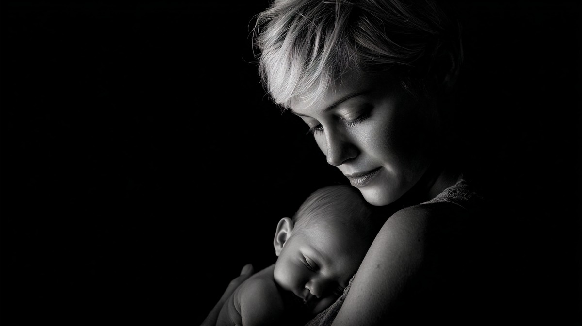 newborn in mothers arms dramatic portrait mother holding baby — free black and white photo
