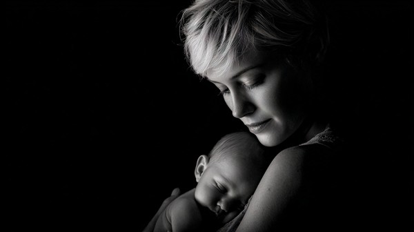 newborn in mothers arms dramatic portrait mother holding baby — black and white photo