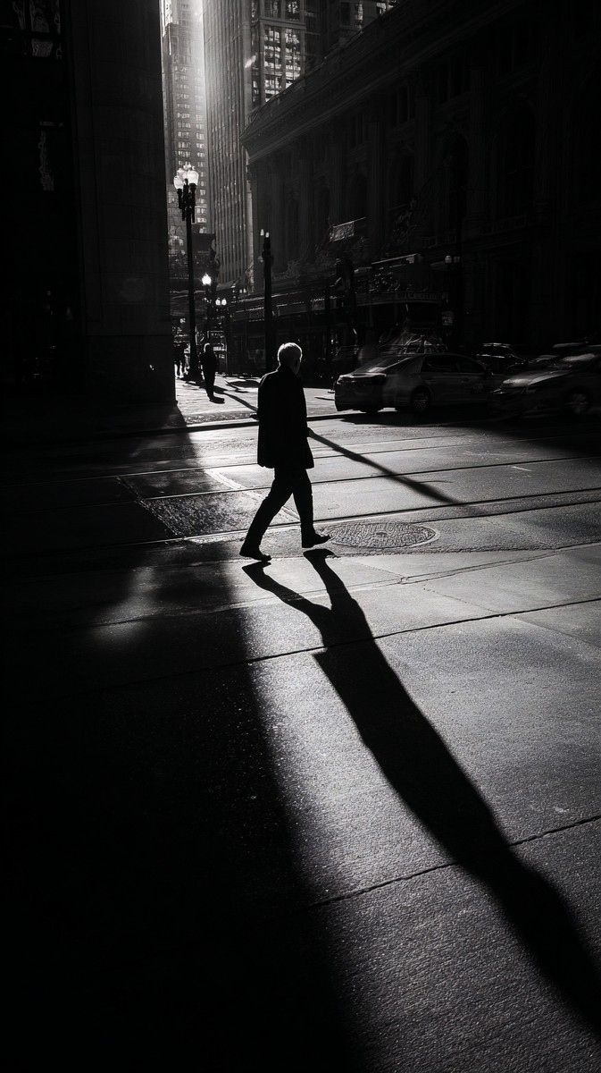 old man crossing street downtown chicago high contrast aftern — free black and white photo