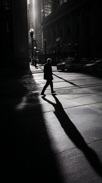 old man crossing street downtown chicago high contrast aftern — black and white city photo