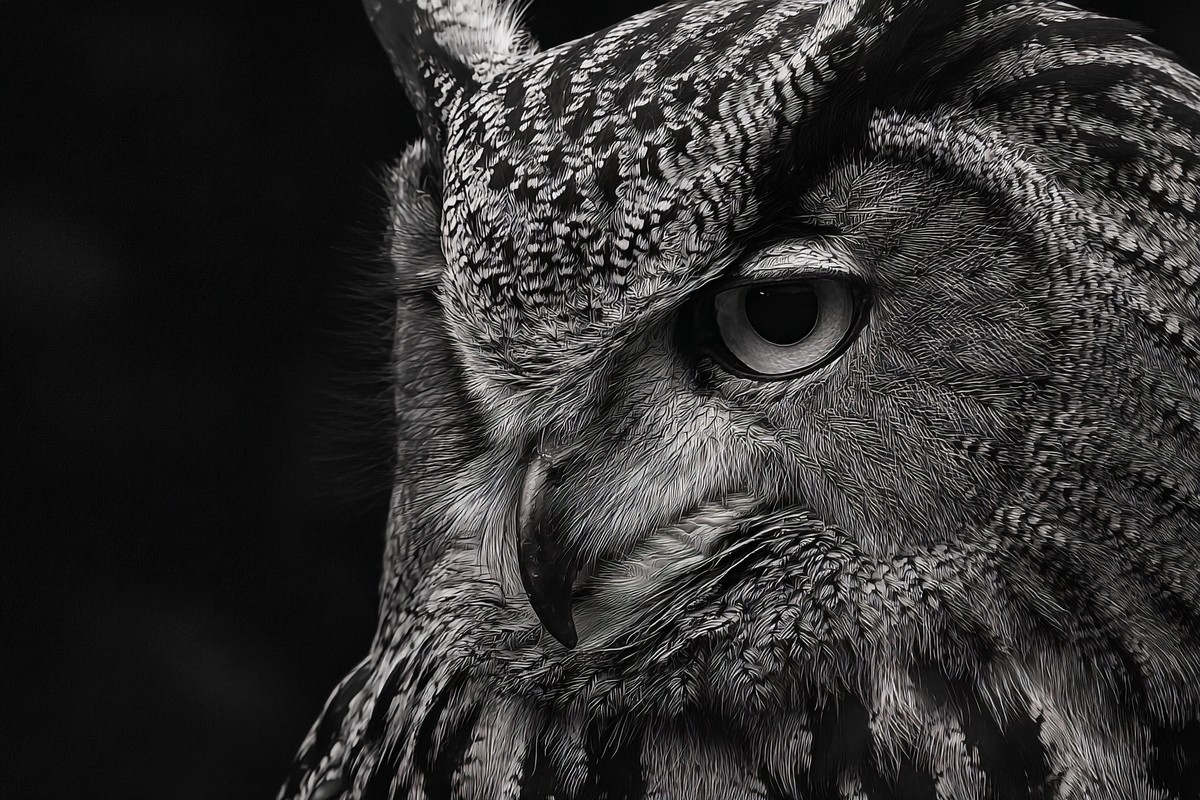 owl close up portrait sharp feathers minimalist monochrome co — free black and white photo