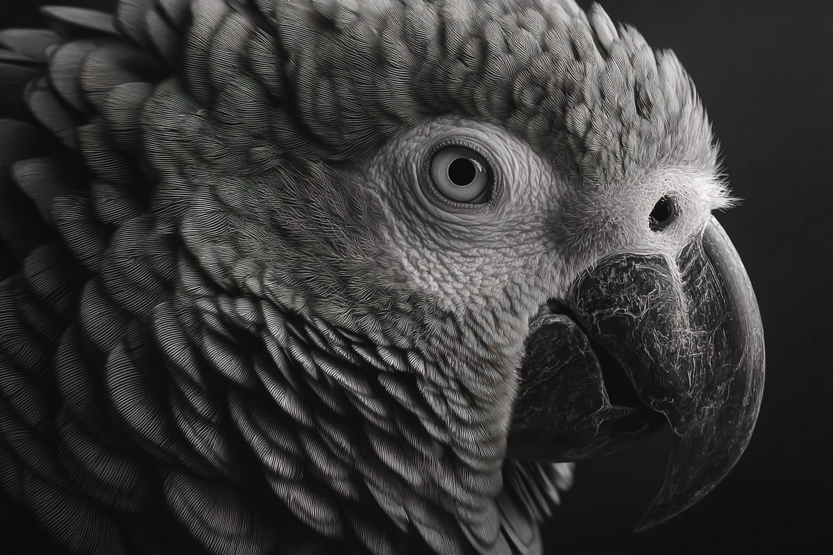 parrot portrait in grayscale feathers texture close up elegan — free black and white photo