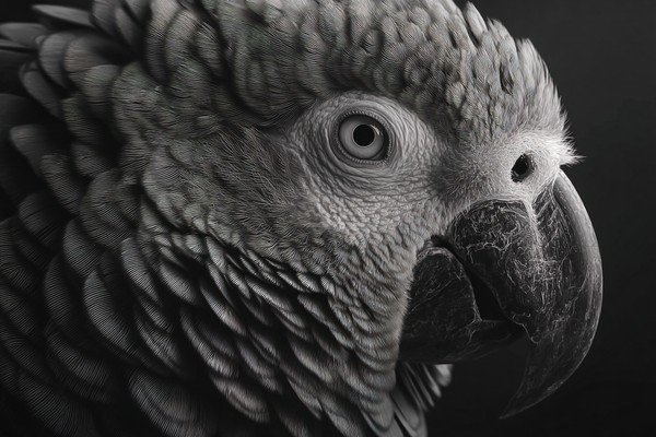 parrot portrait in grayscale feathers texture close up elegan