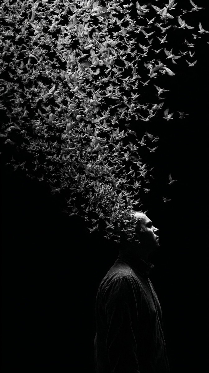 person dissolving into birds metaphor for — free black and white photo