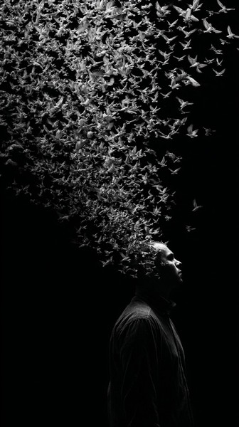 person dissolving into birds metaphor for — black and white background photo