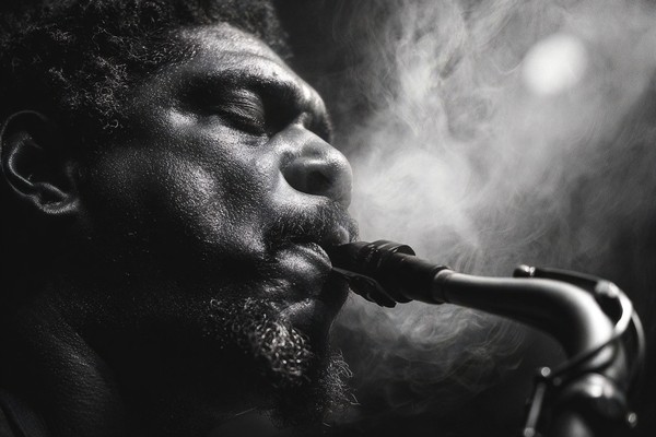 portraits expressive portrait of a jazz musician playing saxo — black and white photo