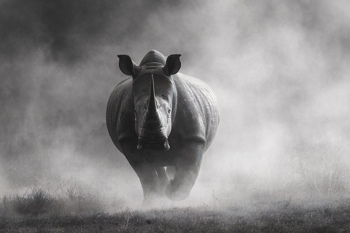 rhinoceros emerging from mist minimal landscape fine art blac — free black and white photo