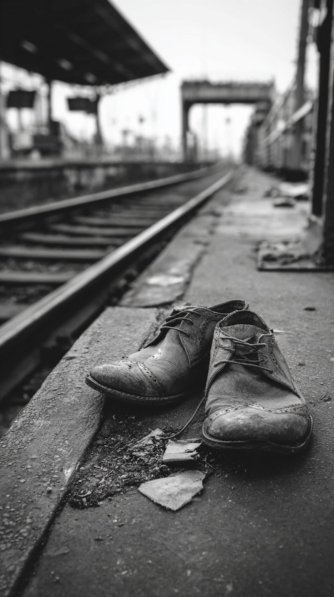 shoes left on a train platform absence and loss — free black and white photo