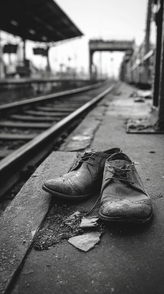 shoes left on a train platform absence and loss — black and white photo