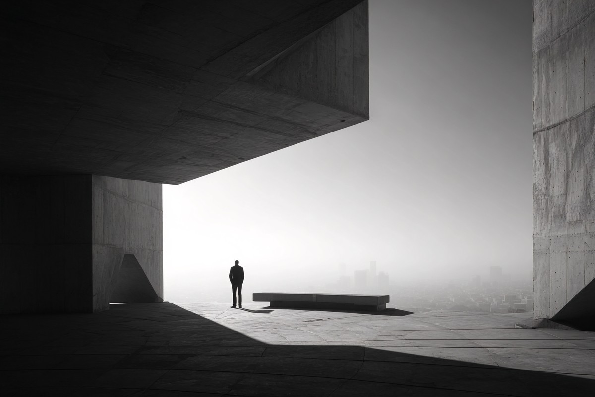 silhouettes architectural silhouette a person standing on a b — free black and white photo