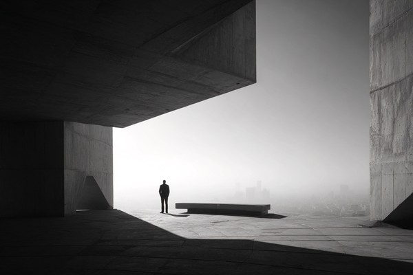 silhouettes architectural silhouette a person standing on a b — black and white photo
